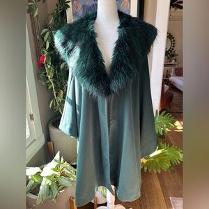 Adrienne Landau Green Cape with Faux Fur Trim